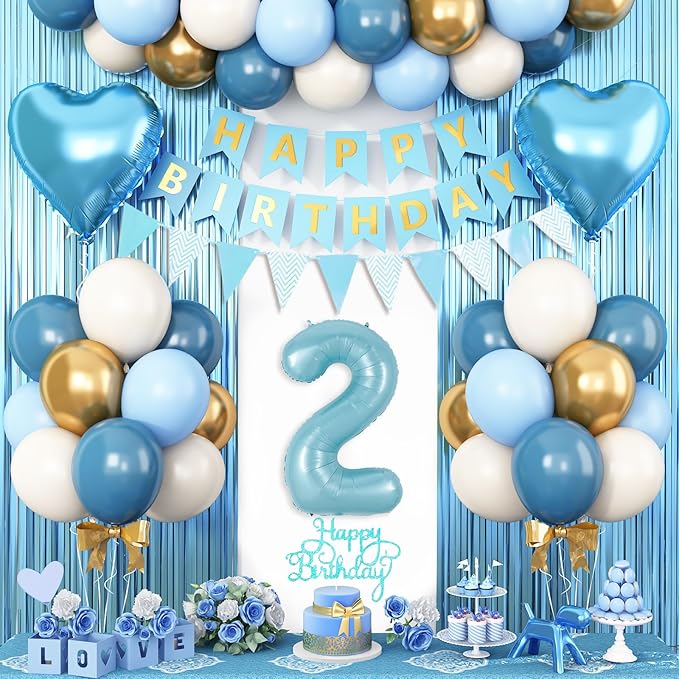 2nd Birthday Decorations Blue White Gold 25pcs Balloons Banner