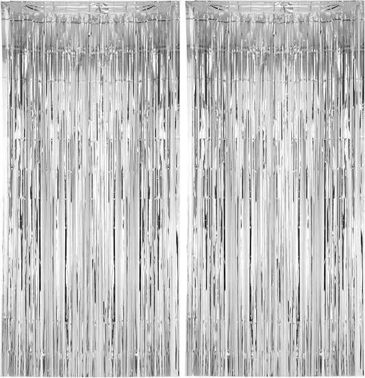 Voircoloria 2 Pack Silver Foil Fringe Backdrop Curtains, Tinsel