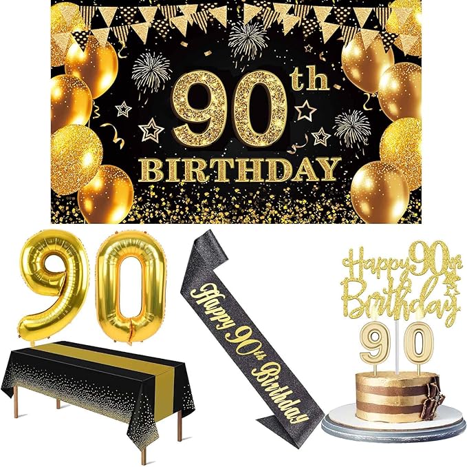 90th Birthday Decorations Men Women with 90th Birthday Banner Black
