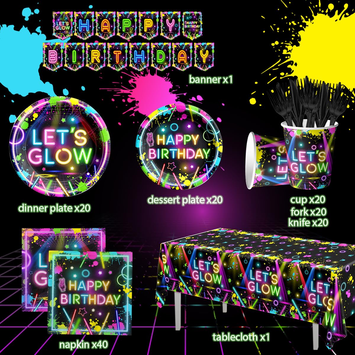 Neon Party Supplies,142Pcs Let Glow Party Decorations Including