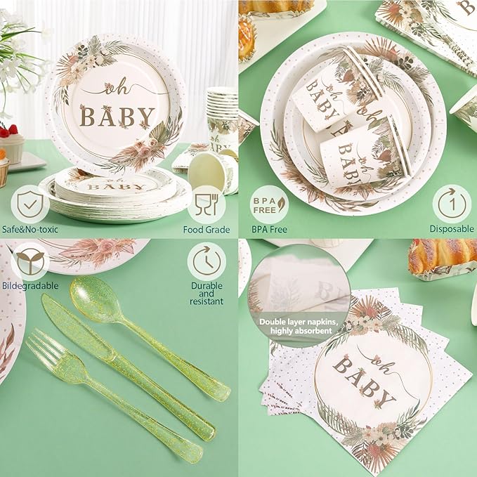 350 Pcs Boho Baby Shower Decorations for Girl, Baby Shower Plates and