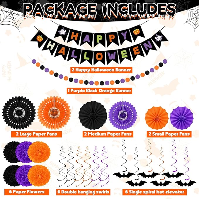 26PCS Halloween Party Decorations Purple Black Orange Paper Fans Set