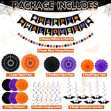 26PCS Halloween Party Decorations Purple Black Orange Paper Fans Set