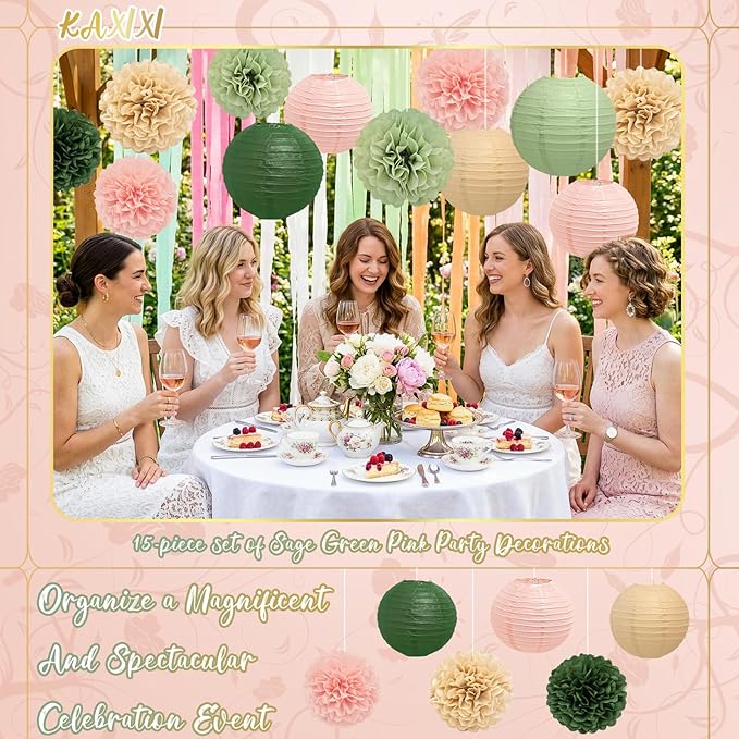 KAXIXI 15 Pcs Pink Sage Green Champagne Party Decorations - Hanging