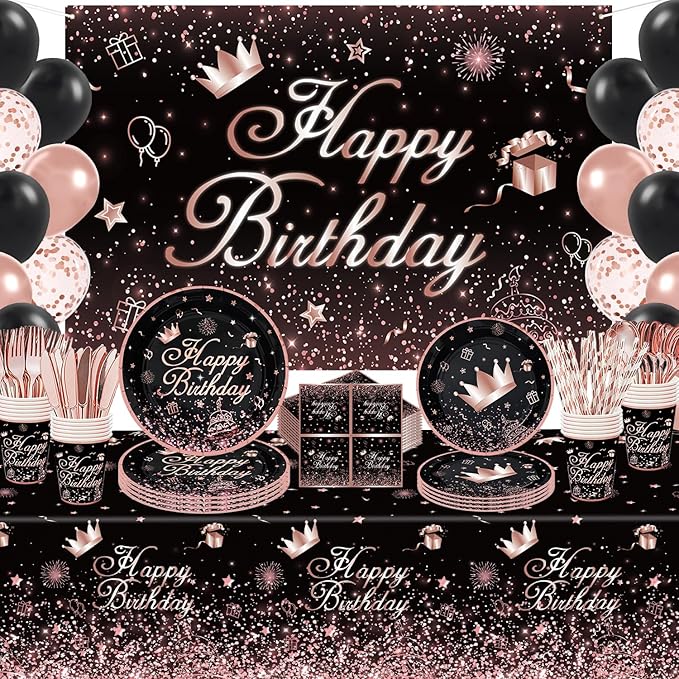 211 PCS Black and Rose Gold Party Decoration Rose Gold & Black Party