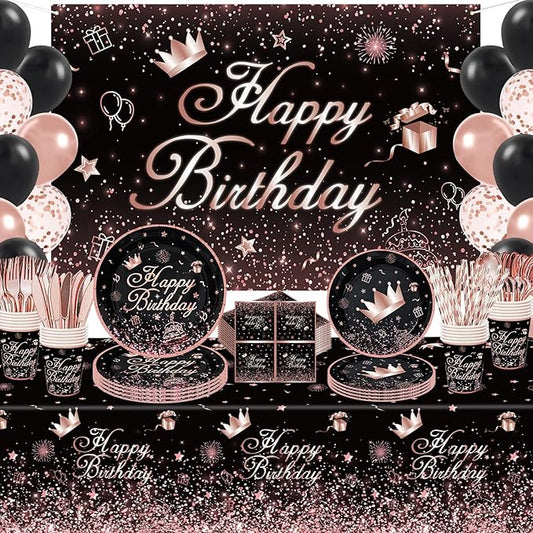 211 PCS Black and Rose Gold Party Decoration Rose Gold & Black Party