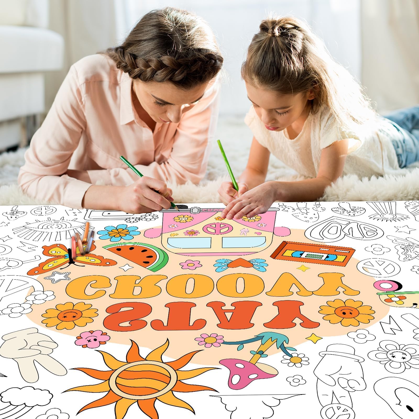 Giant Coloring Poster for Kids Groovy Themed Activity Large Big Boho