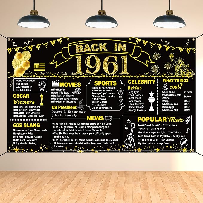 DARUNAXY 65th Birthday Black Gold Party Decoration, Back in 1961