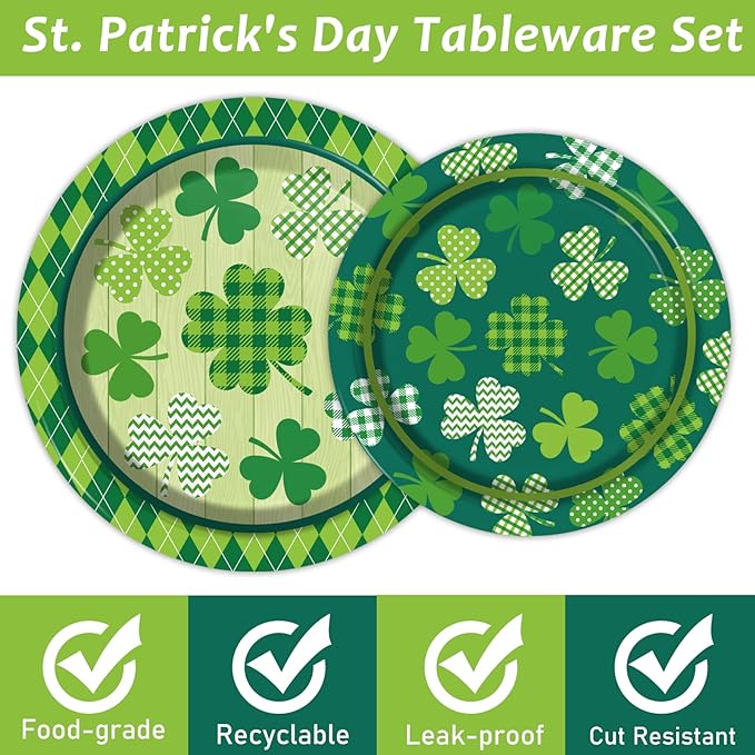 96 Pcs St Patrick's Day Tableware Set Lucky Green Shamrock Plates