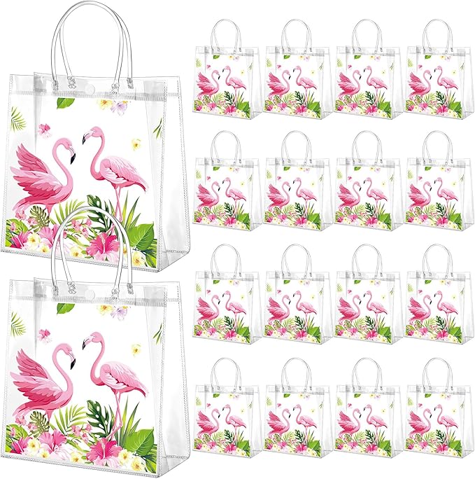 24 Pcs Flamingo Clear PVC Gift Bags with Handles Tropical Party