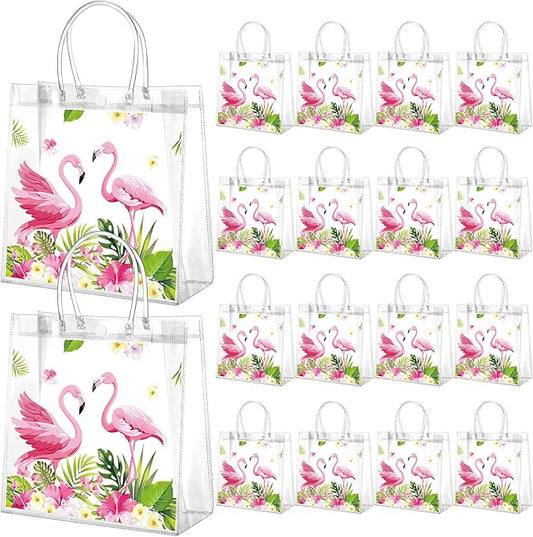 24 Pcs Flamingo Clear PVC Gift Bags with Handles Tropical Party