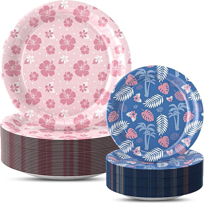 50 PCS Luau Tropical Birthday Party Plates 9Inch Pink Hibiscus 7Inch