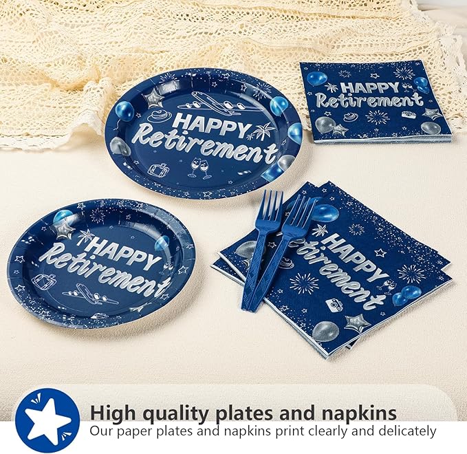 96Pcs Happy Retirement Party Supplies Blue and Silver Plates and