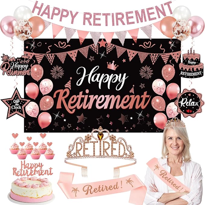 Rose Gold Retirement Party Decorations for Women Retired Crown and