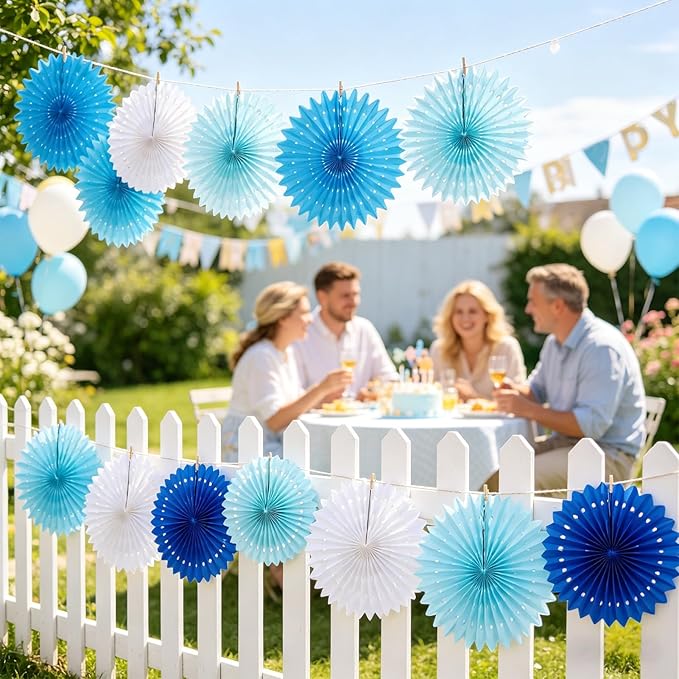 SUNBEAUTY Pack of 13 Blue White Hanging Honeycomb Paper Fans Party