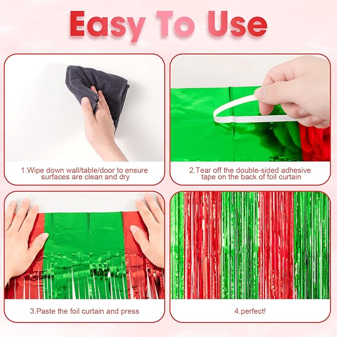 Voircoloria 3 Pack 3.3x8.2 Feet Red and Green Foil Fringe Backdrop