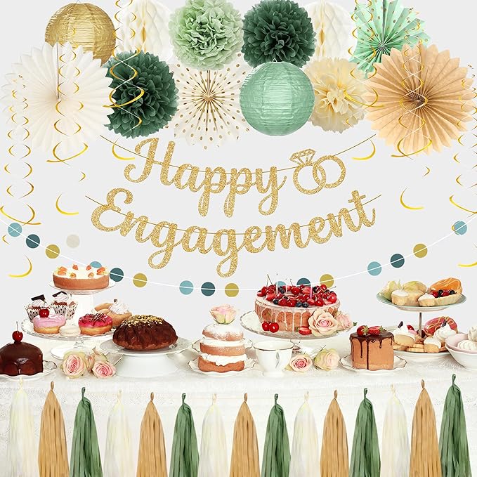Engagement Party Decorations Green and Gold Glitter Happy Engagement