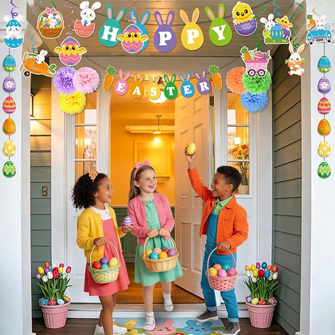 25Pcs Easter Decorations Set with Happy Easter Banner Easter Egg