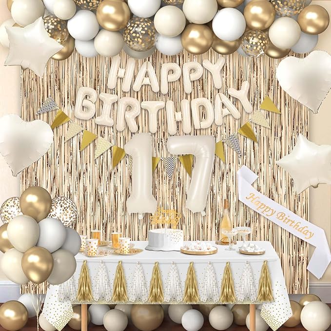 17th Birthday Decorations for Girls, White and Gold 17 Boho Birthday