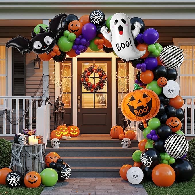 Halloween Decorations with Orange Black Green Purple Balloon Garland