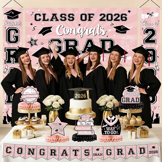 Pink Graduation Decorations 2026 Congrats Grad Banner & Backdrop