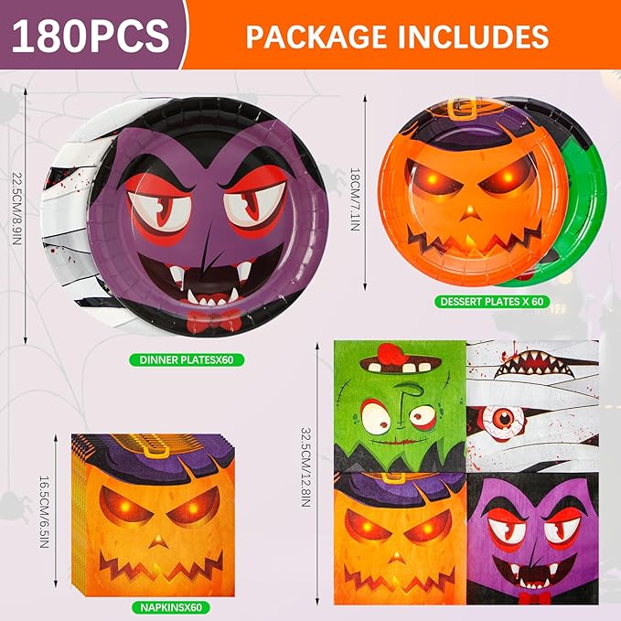 180 Pcs Halloween Paper Plates and Napkins Set 4 Design Pumpkin