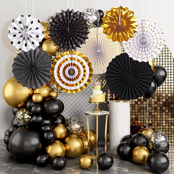Black and Gold Decorations Hanging Honeycomb Paper Pompoms Fan for