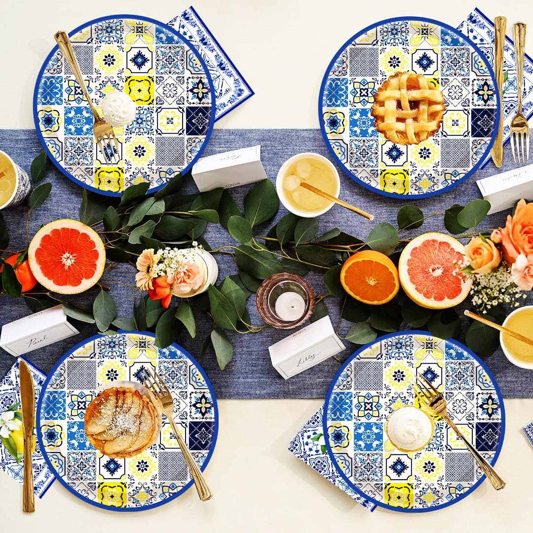50PCS Capri Lemon Party Supplies 7"Capri Lemon Paper Plates Blue Tiles