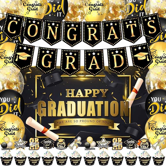 Graduation Decorations Class of 2025 Black Gold Themed Congrats Grad
