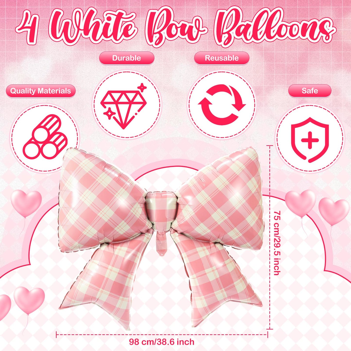 Simgoing 4 Pcs Giant Pink Gingham Bow Balloons Large Plaid Bow