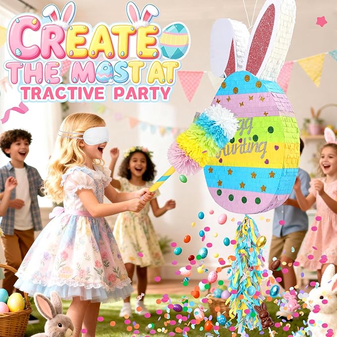 25 Easter Decorations Pinata Bunny Egg Piñata with Blindfold Bat and