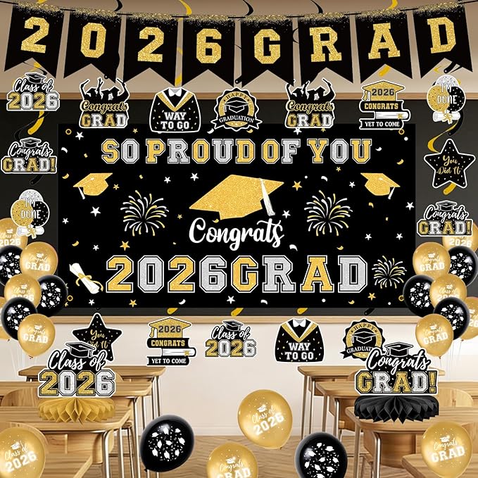 Graduation Decorations 2026 Black Gold Themed Grad Party Decor Set
