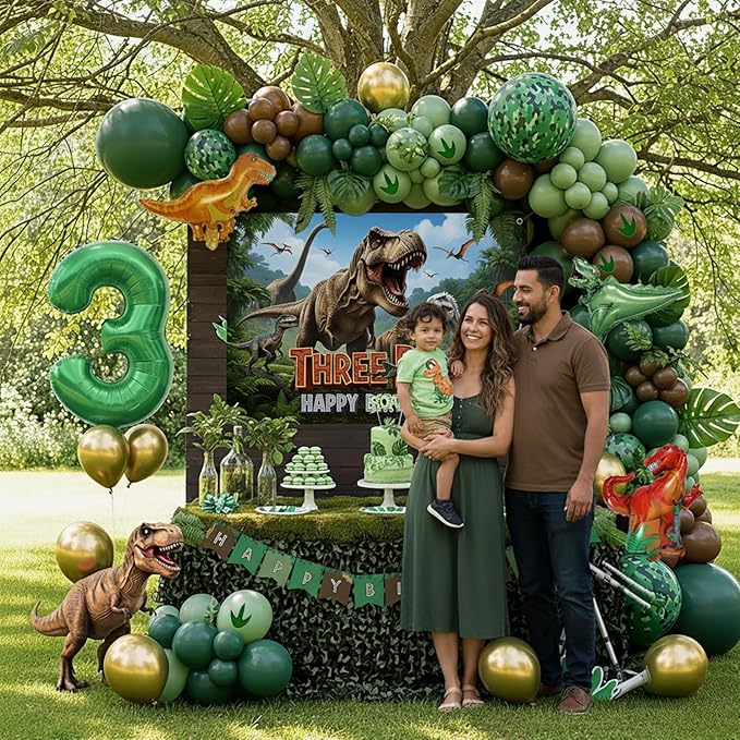 Dinosaur Birthday Decorations include Hunter Green Brown Gold