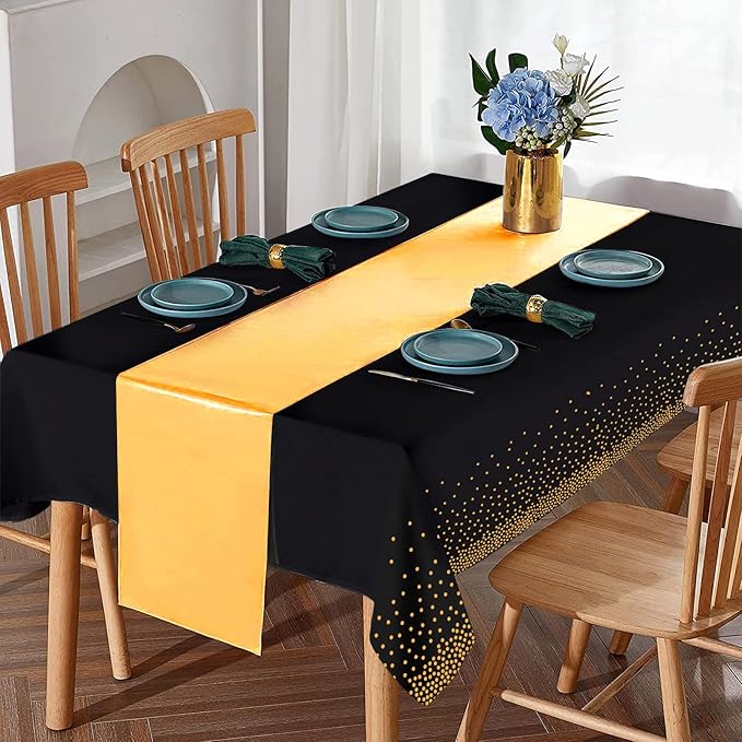 8Pack Disposable Plastic Tablecloths and Satin Table Runner Set Black