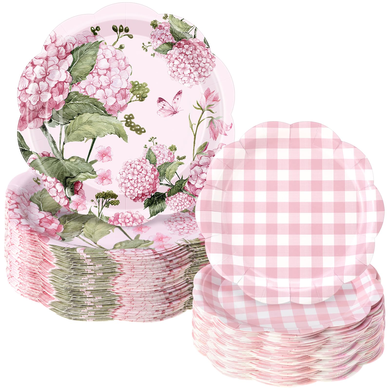 Mumufy 100 Pack Hydrangea Paper Plates 9" & 7" Disposable Checkered