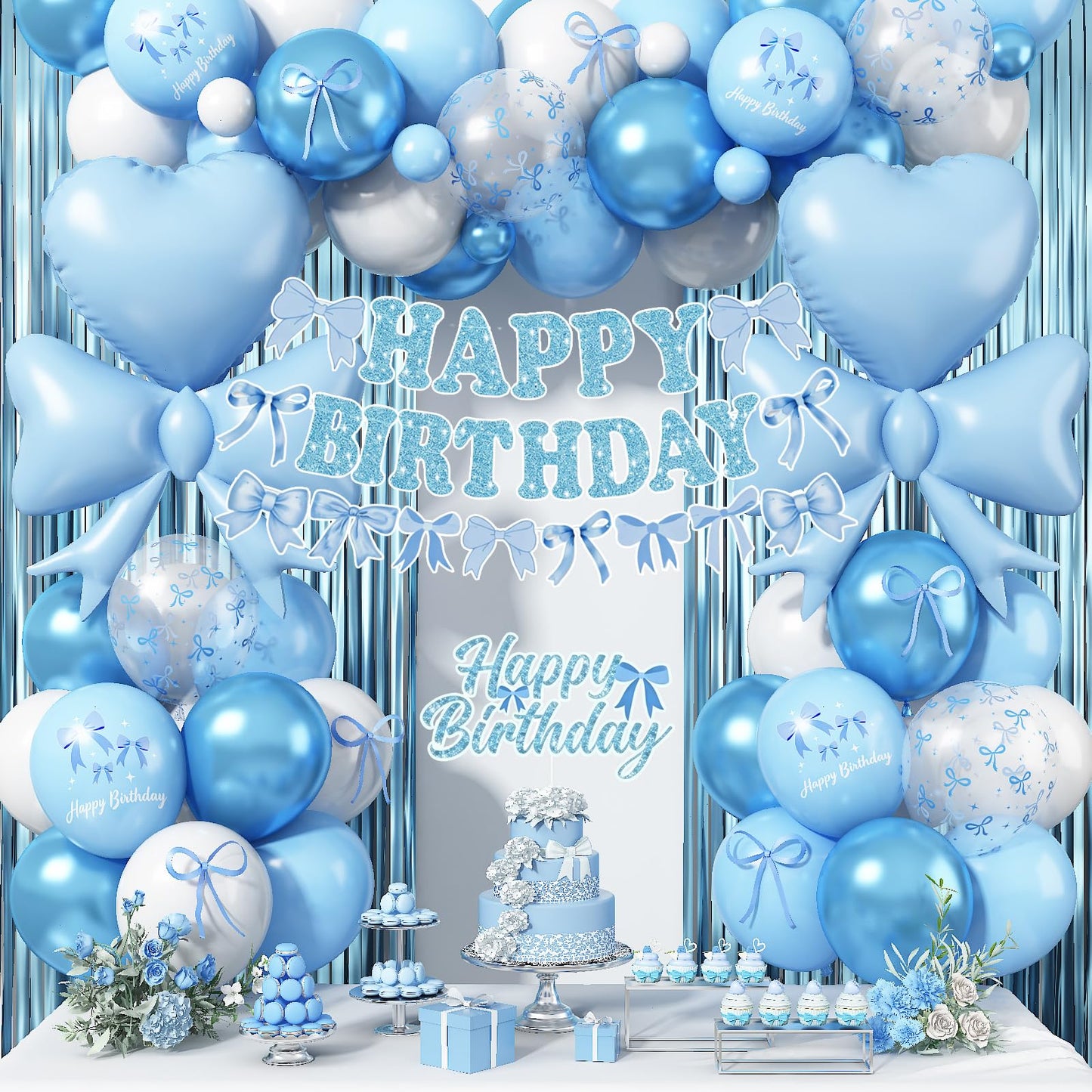 Blue Bow Birthday Party Decorations, Coquette Baby Blue White Bows