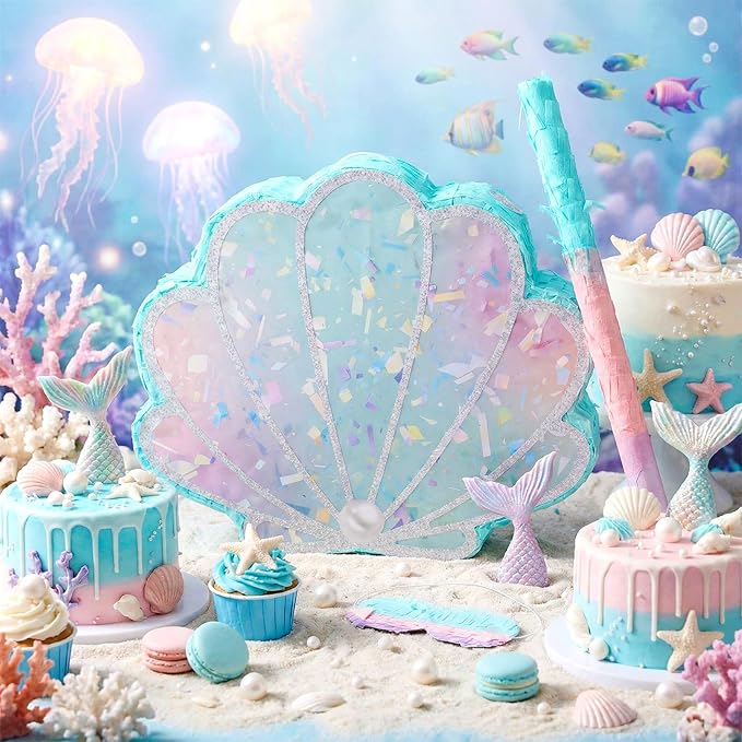 Mermaid Tail Piñata Ocean Supplies Pull String Seashell Fish