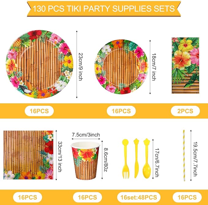 130 Pcs Tiki Party Supplies Sets Hawaiian Party Decor Luau Plates