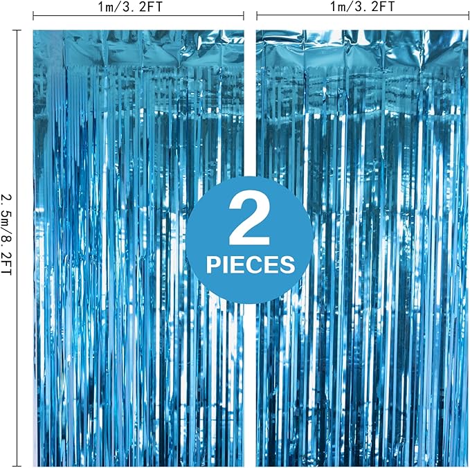 2 Pack Lake Blue Foil Fringe Curtains Tinsel Backdrop, 3.2Ft x 8.2Ft