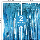 2 Pack Lake Blue Foil Fringe Curtains Tinsel Backdrop, 3.2Ft x 8.2Ft