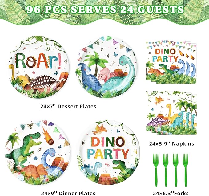 96 Pcs Dinosaur Plates and Napkins Tableware Set Serves 24 Dinosaur