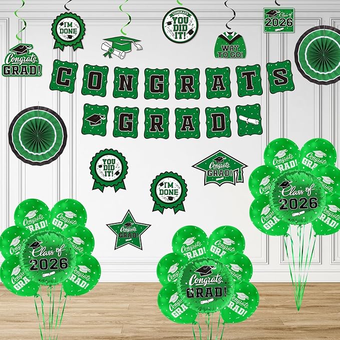Green Themed 2026 Graduation Decorations Set - Congrats Grad Banner,