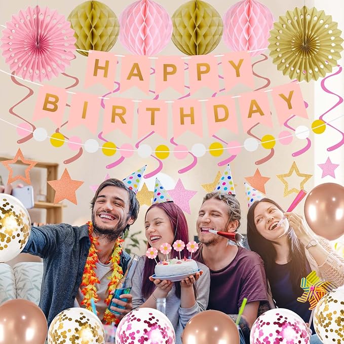 65Pcs Birthday Decorations Happy Birthday Banner Pink Rose Gold