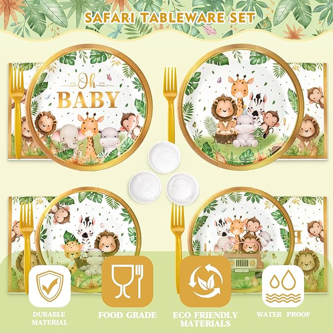 144 Pcs Safari Baby Shower Plates and Napkins Serves 24 Guests