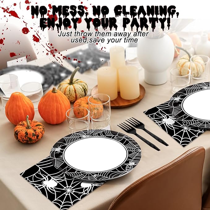 50 Guests Halloween Spider Web Plates and Napkins Party Supplies