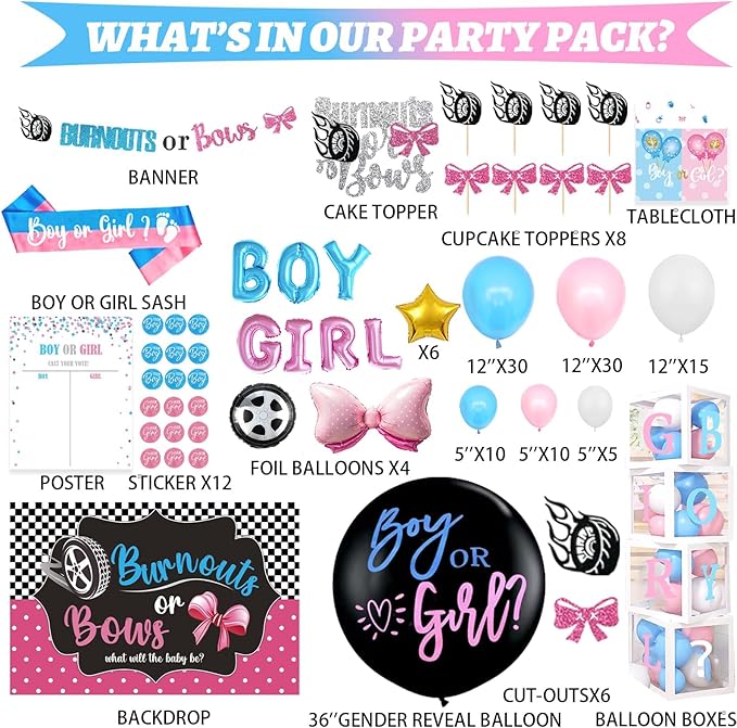Burnouts or Bows Gender Reveal Decorations Kit 171 Pcs Boy or Girl
