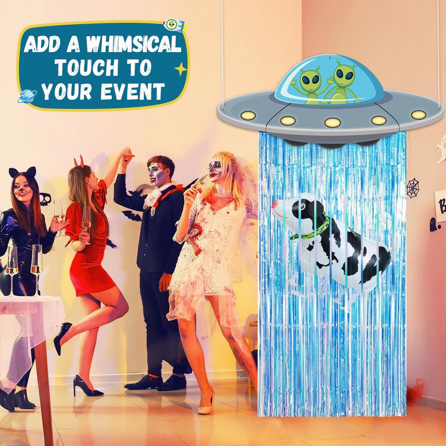 Alien Door Curtains with Tinsel Foil Fringe Curtain Cow Balloon Alien