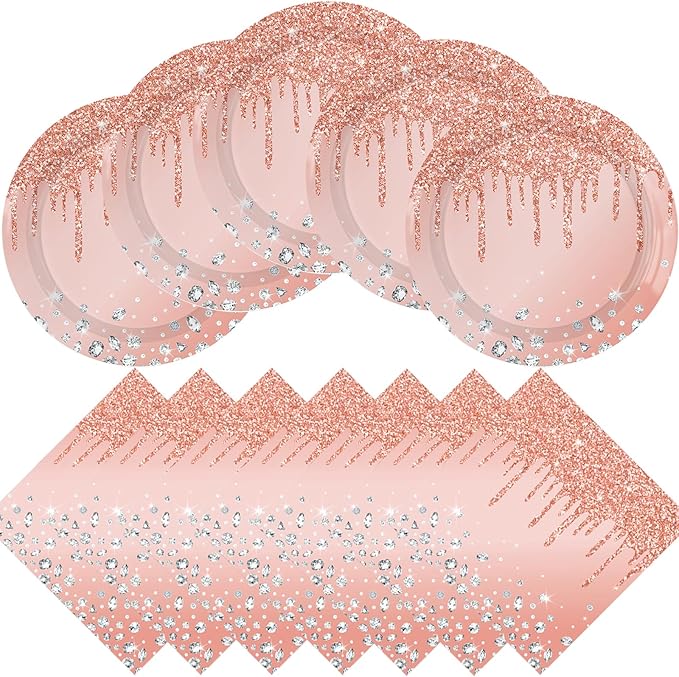 Pink Rose Gold Birthday Decorations Dessert Plates and Napkins for