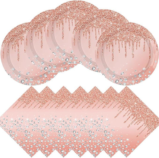 Pink Rose Gold Birthday Decorations Dessert Plates and Napkins for