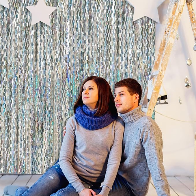 2 Pack Silver Backdrop Curtain Tinsel Streamers Sparkle Metallic Wavy